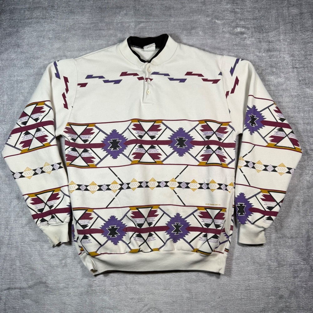 Art Unlimited Sweatshirt Mens Large White Aztec Southwestern Vintage 1992 Henley
